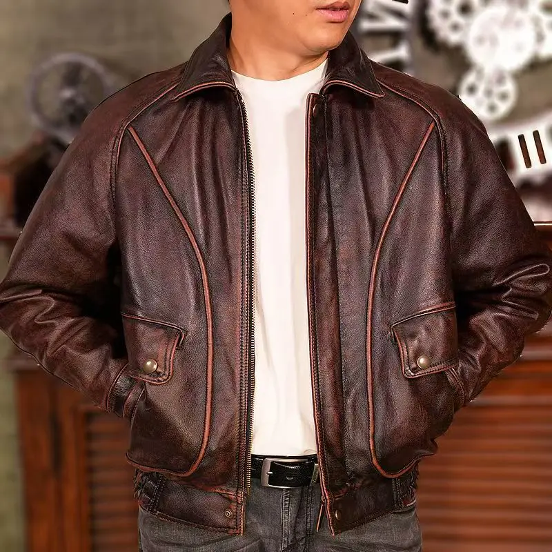 Men\'s Leather Jacket Red Retro Loose Motorcycle Cowhide Jacket Casual Lapel Factory Direct Sales Quality, Windproof,Thick,Trendy
