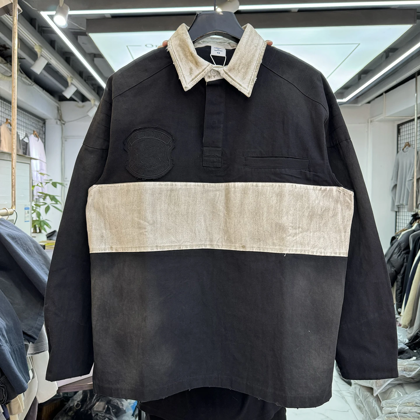 

Retro American Color Blo Long Sve irt Loose Casual Stained Vintage Striped Collared Top for Men And Women