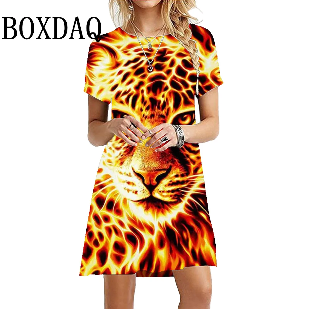 Women Flame Animal Lion 3D Print Dress Summer Fashion Hop Hop Short Sleeve Casual O-Neck Pullover Ladies Oversize Female Clothes