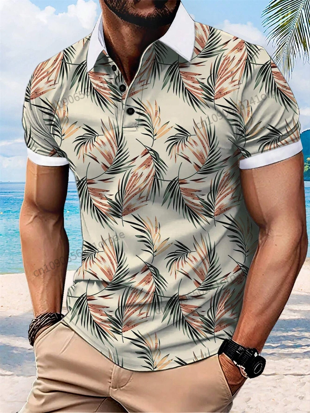 

Men's Summer Leisure Vacation 3d Leaf Print Button POLo Shirt Fashion Contrast Color Full Print Lapel Short Sleeve Polo T-shirt