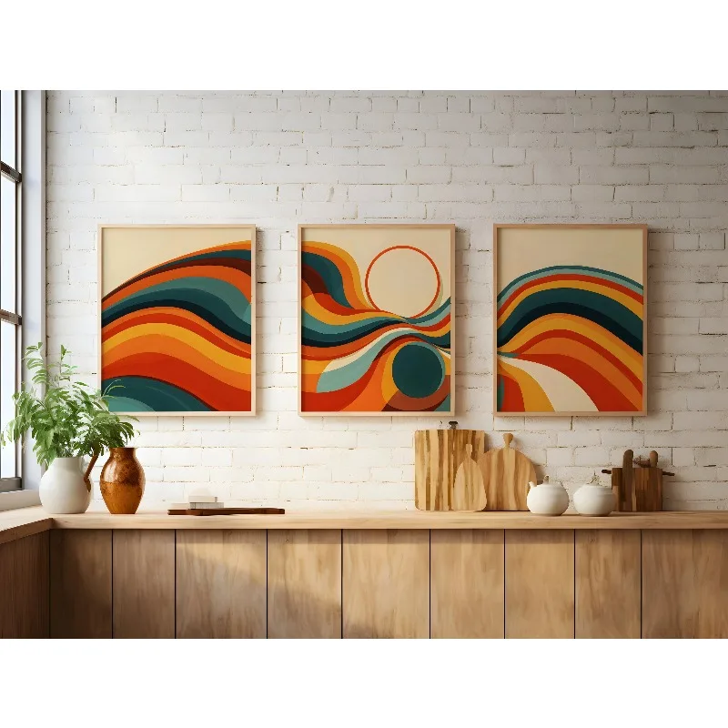 3PCS Frameless,Set of 3, Three Piece Retro Abstract Wall Art, 1970s 1960s Vibes, Abstract Wave Art Print: Bold Reds, Yellows & E