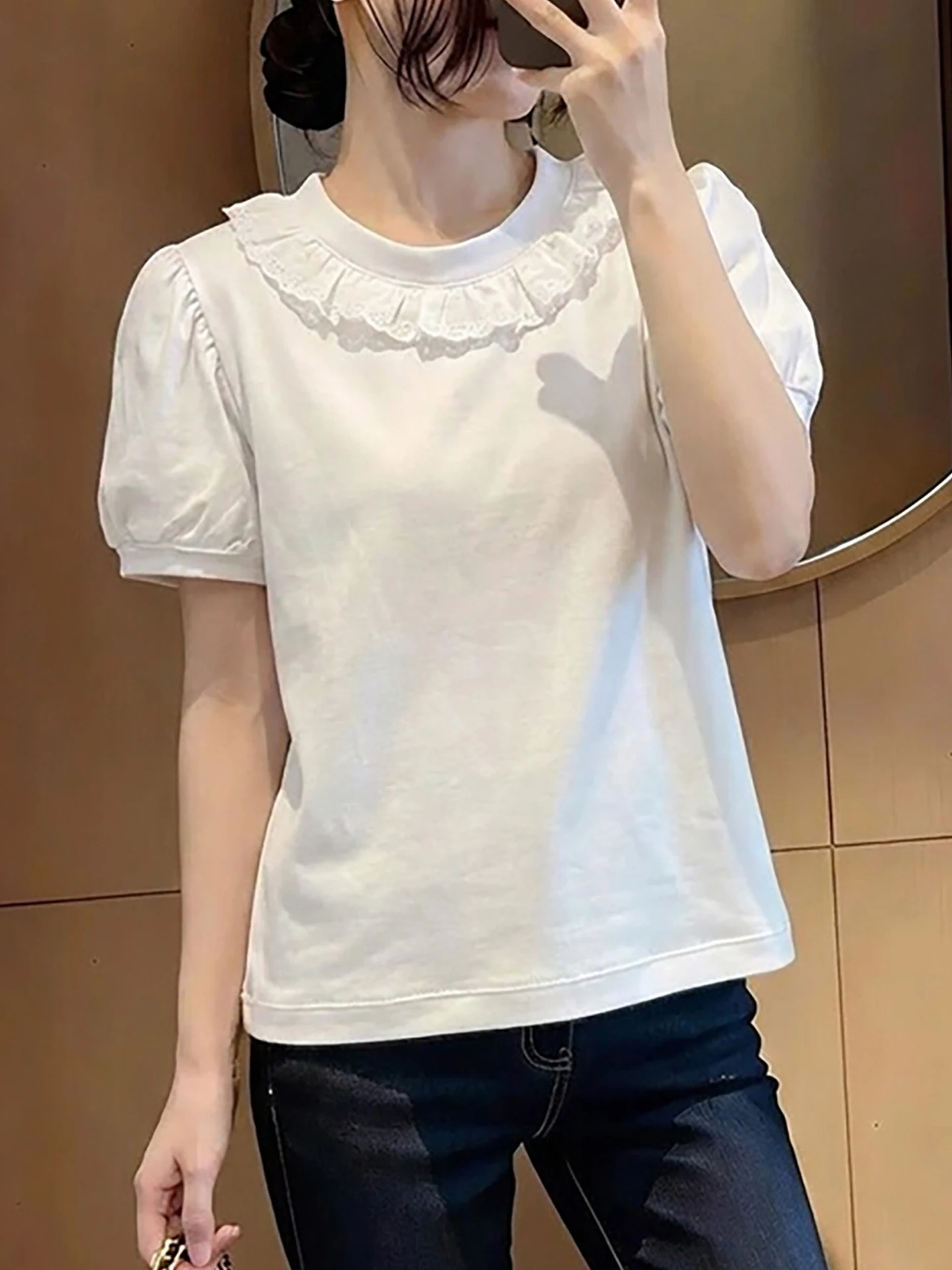 

Spring Summer Lace Trim Design Korean Style Pure Color Versatile Short Sleeve Overhead T-Shirt Women's Fashionable Top