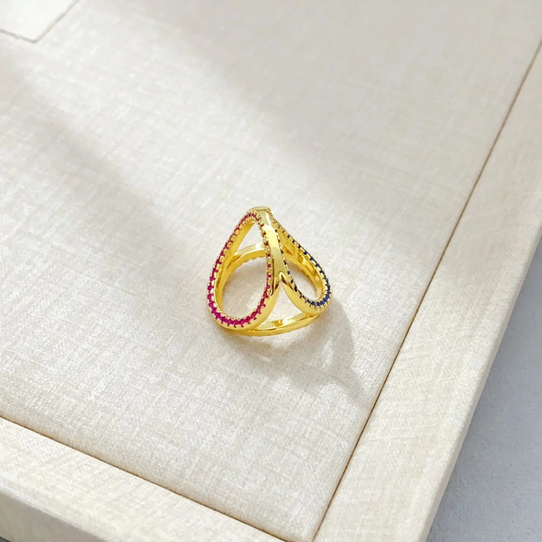 Three Sides Wearable Zircon Ring for Women Unique Niche Design Copper Real Gold Plated Versatile Index Finger Ring Fashion Jewel