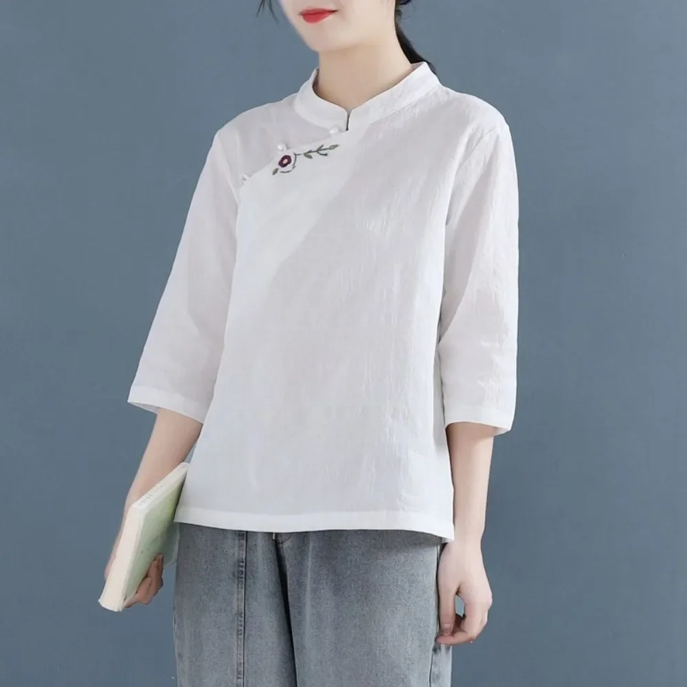 yesVintage Linen Cotton Jacquard Tea Shirt Women Chinese Zen Embroidery Slant Collar Frog Button Chinese Style Top