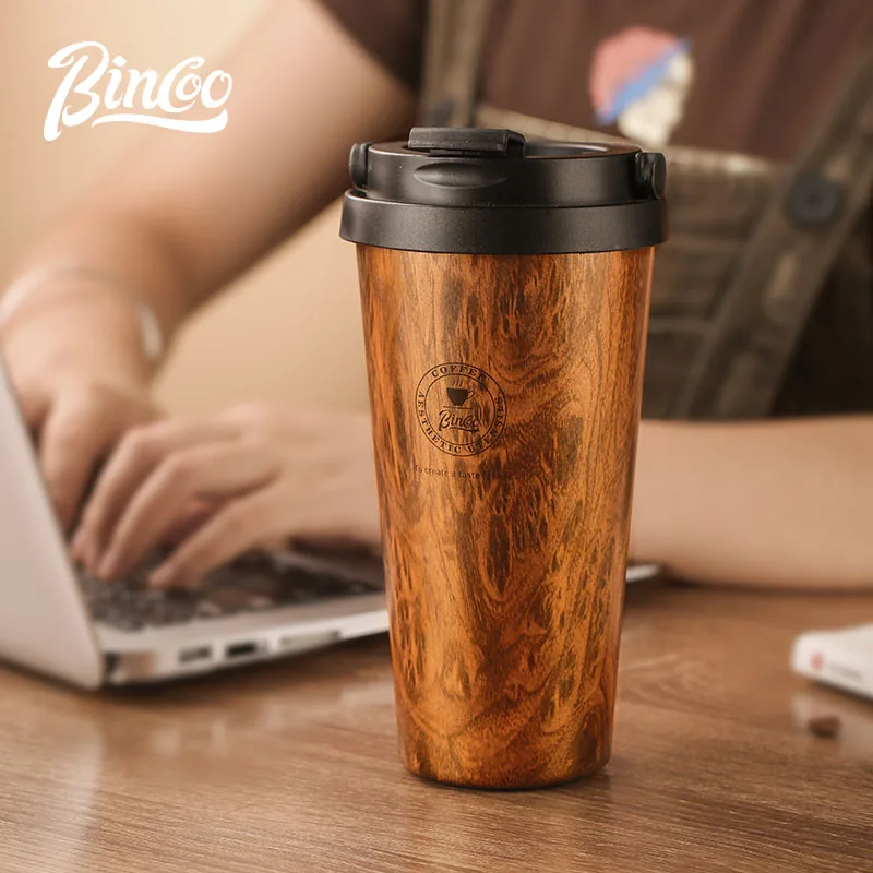 Bincoo Wood Grain Coffee Cup, High-Looking Men's and Women's American Insulated Cup, Retro High-End, Accompanying Take-Out Water Cup