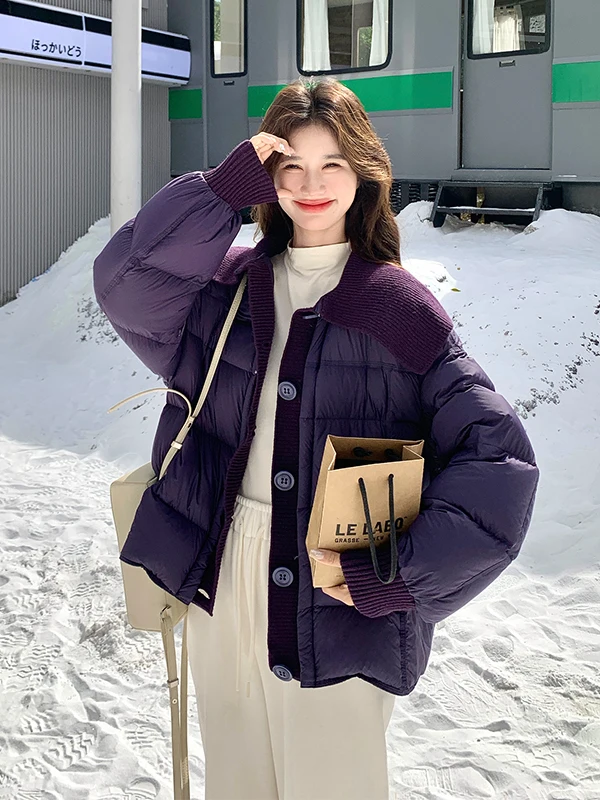 

Фиолетовая вязаная куртка с воротником-стойкой, женская, утепленная, зимняя, теплая верхняя одежда, утолщенная, антивозрастная, модная, новинка 2025 года