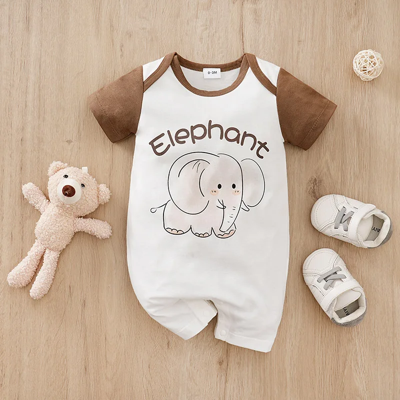 Newborn Clothes Cute Cartoon Elephant Print Cotton Comfortable And Soft Boys And Girls Summer 0-18 Short Sleeved Baby Jumpsuit