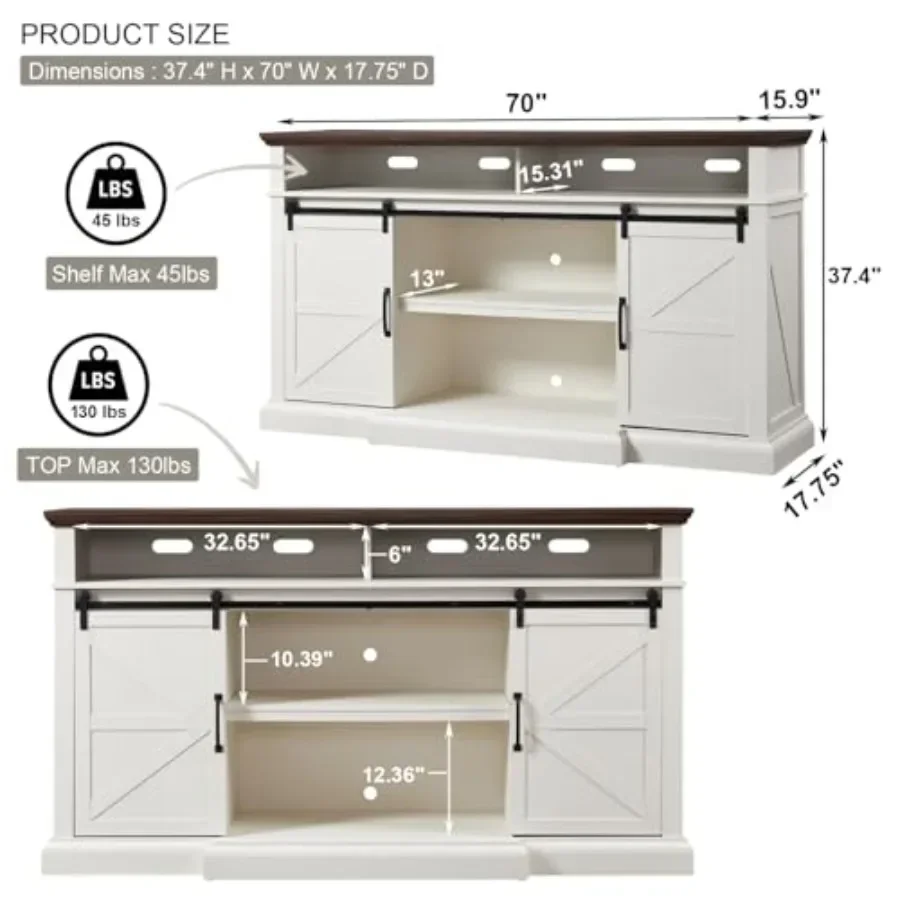 Farmhouse TV stand for 80/75 inch TVs, wood-look MDF, white-washed gray, adjustable shelves and cable management