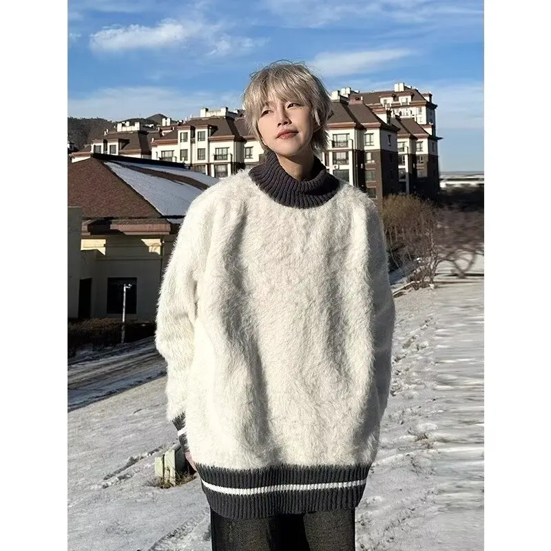 

Men's Winter Faion High Collar Knitted Sweater Mink Velvet Loose Fit Color Blo Fluffy Outerwear Casual Sle Polyester Fiber