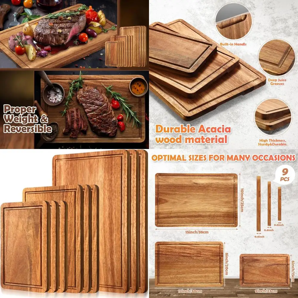 

Acacia Wood 9-Piece Kitchen Cutting Boards - 3 Sizes, Juice Grooves, Handles, Heavy Duty for Meat & Vegetables