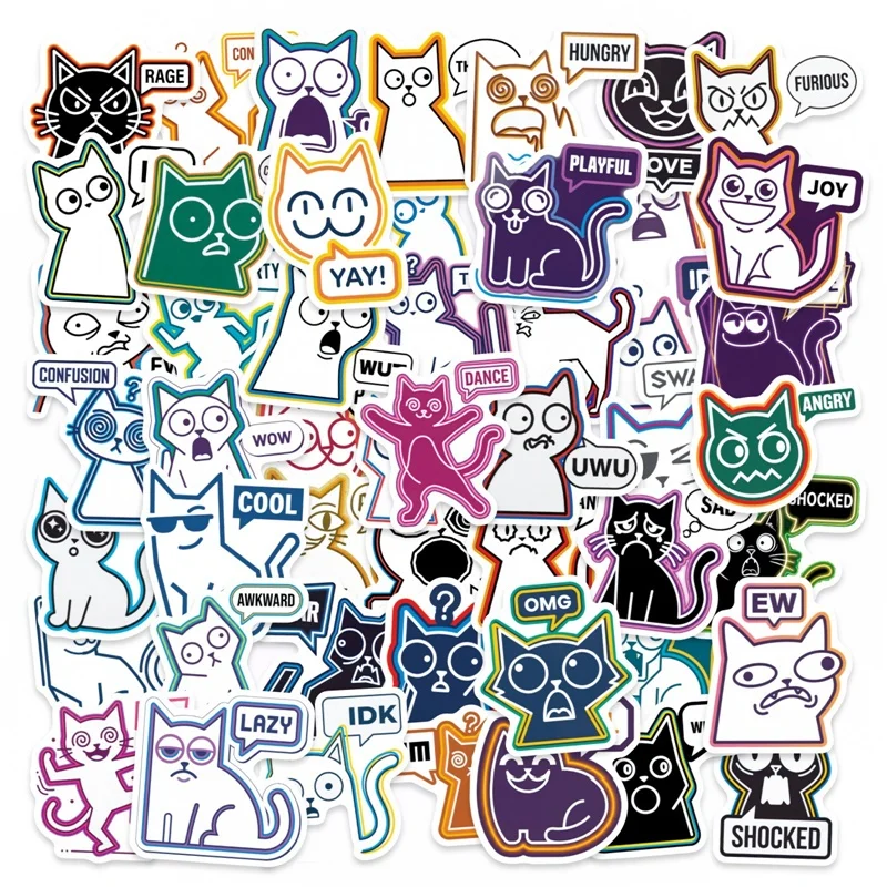 

10/30/56PCS Abstract Lines Cat PVC Sticky Sticker Stationery DIY Children's Laptop Luggage Skateboard Decoration Scrapbooking