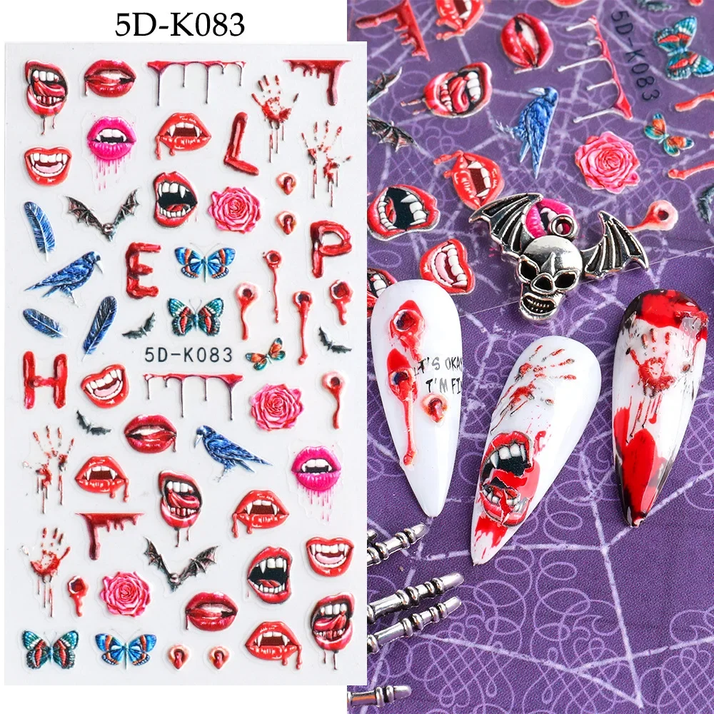 Naklejki na paznokcie Devil Eye Halloween Blood Skull Spider Witch Naklejka na paznokcie dla kobiet i dziewcząt 5D Relief Ghost Fake Nail Sticker