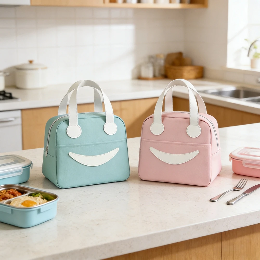 

1 шт. однотонная милая сумка для обеда с забавным смайликом, многоразовая сумка-тоут для обеда, изолированная сумка-органайзер для ланча, зеленая, розовая