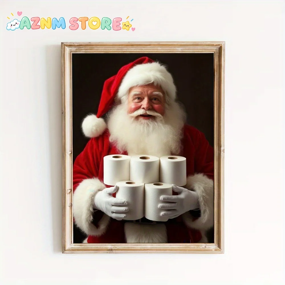 1pc, wall art, vintage poster, Santa Claus holding white roll paper art print, funny Christmas canvas painting, living room d