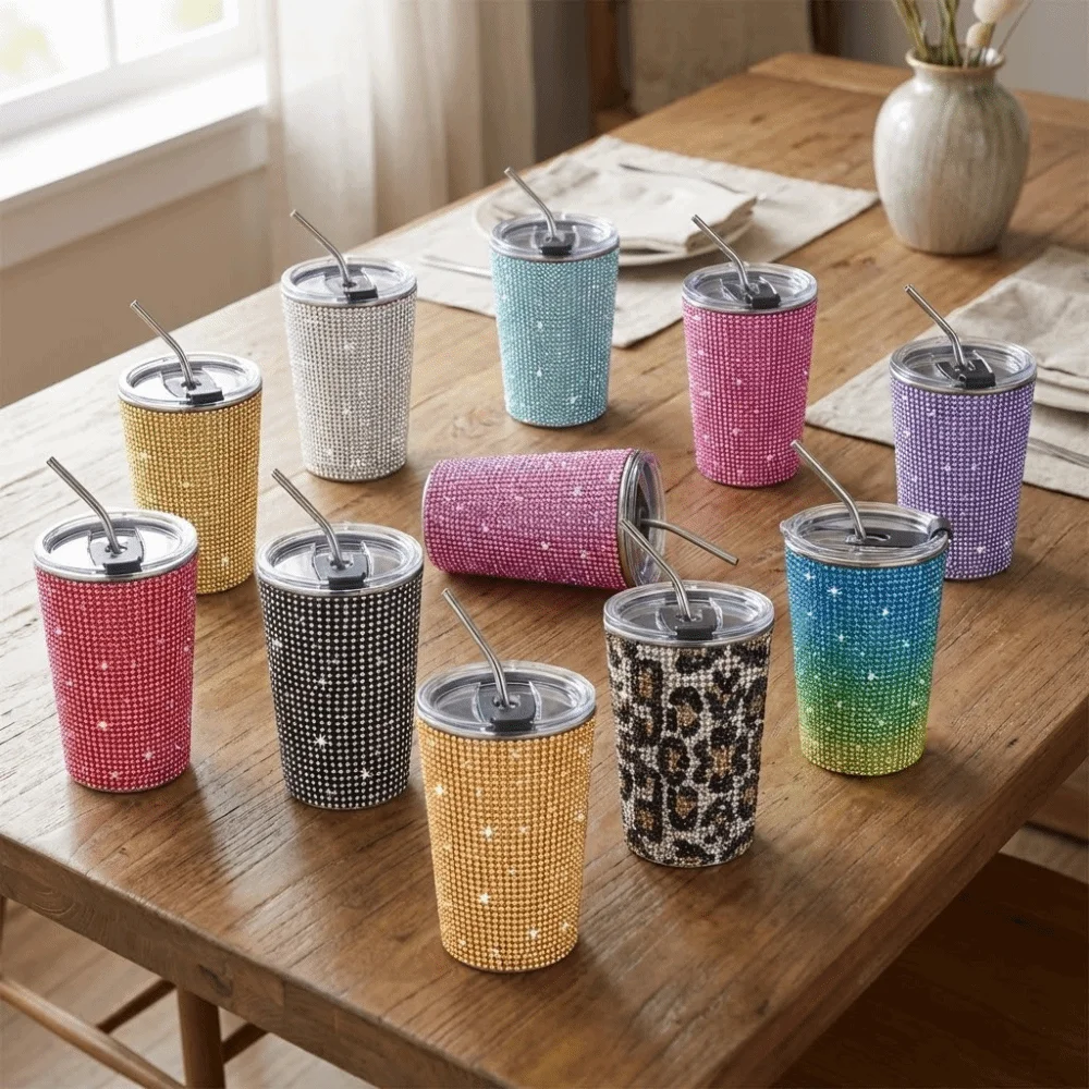 500ml Rhinestone Water Cup Sparkling Reusable Stainless Steel Water Bottle with Lid Straw Luxury Glitter Coffee Mug Office