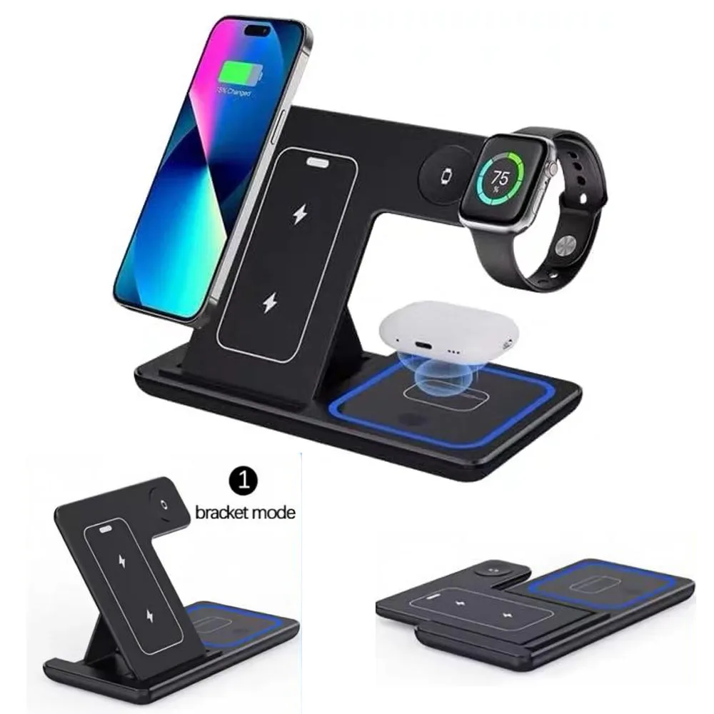 Fast Wireless Charger Charging Station Foldable Stand 3 in 1 for Samsung iPhone 17 16 15 18 14 13 12 Apple Watch 9 8 7 AirPods Xiaomi Huawei Type C Data Cable