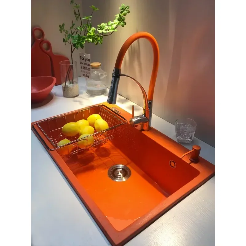 

B&G Orange Quartz Stone Sink in Kitchen, Island Basin, Colorful Vegetable Wash Basin, Granite Platform, Middle Basin, Thickened