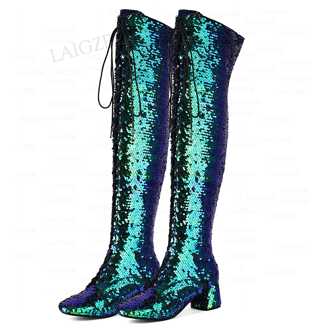 LAIGZEM Women Boots Over Knee Sequined Glitter 6cm Thick High Heels Boots Party Prom Shoes Woman Frauen Stiefel Size 33 39 42 48