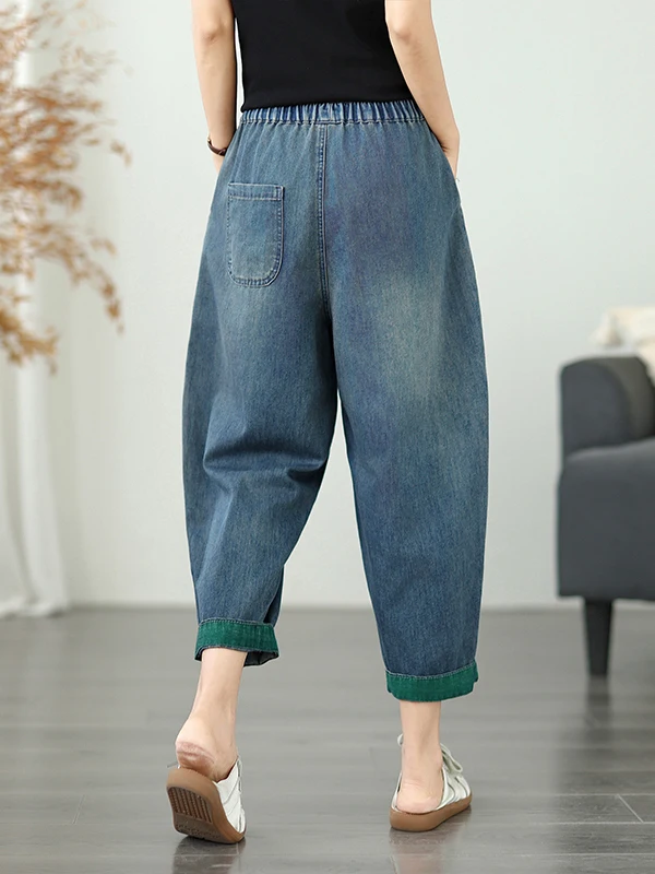 Dżinsy retro z haftem, codzienne, z wysokim stanem, elastyczne w pasie, bawełniane spodnie typu harlan, wyszczuplające, długość 7/8 dla kobiet plus size.