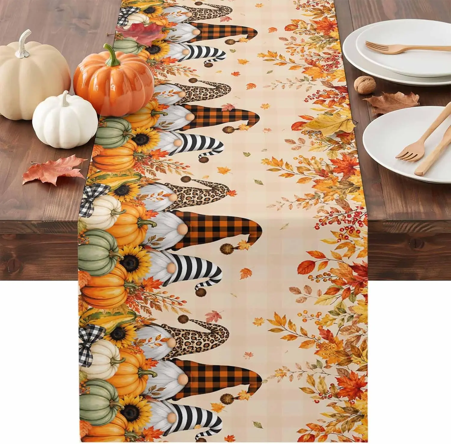 Thanksgiving Gnome Linen Table Runner Home Decor Fall Pumpkin Harvest Maple Leaves Berry Plaid Dining Table Runners Autumn Decor