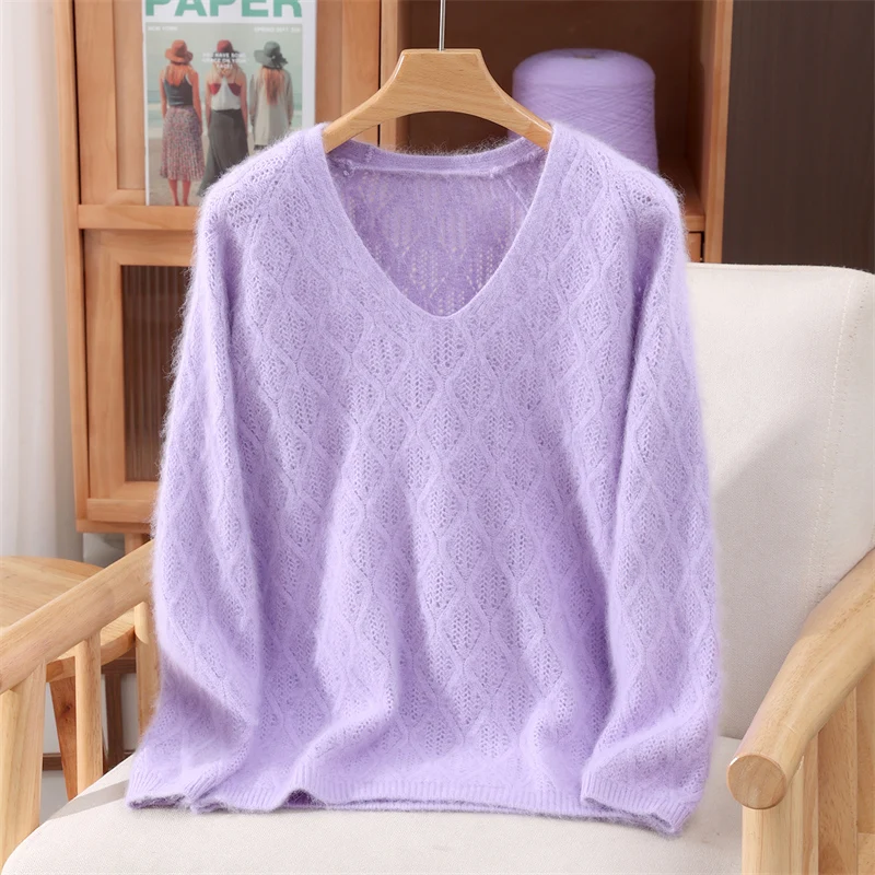 Chic V-Neck Gentle Hollow Out Pure Color Sweater Women's Pullovers Basic Soft Warm 100% Mink Cashmere Casual Loose Tops
