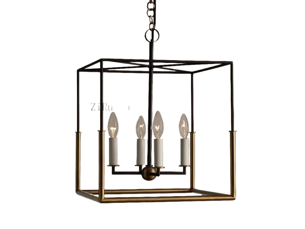 Modern American steel frame square chandelier, 4 lamp head chandelier, suitable for living room, dining room, kitchen island