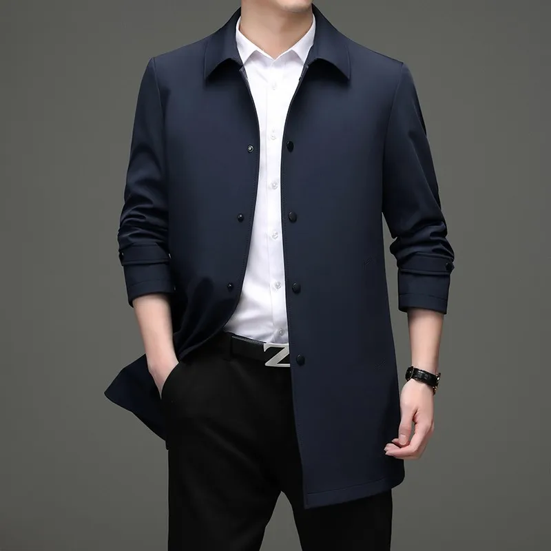 High quality Solid Trench Coats Mens Business Casual Fashion Wild Trench Turn-Down Collar Slim Trench Coat Male