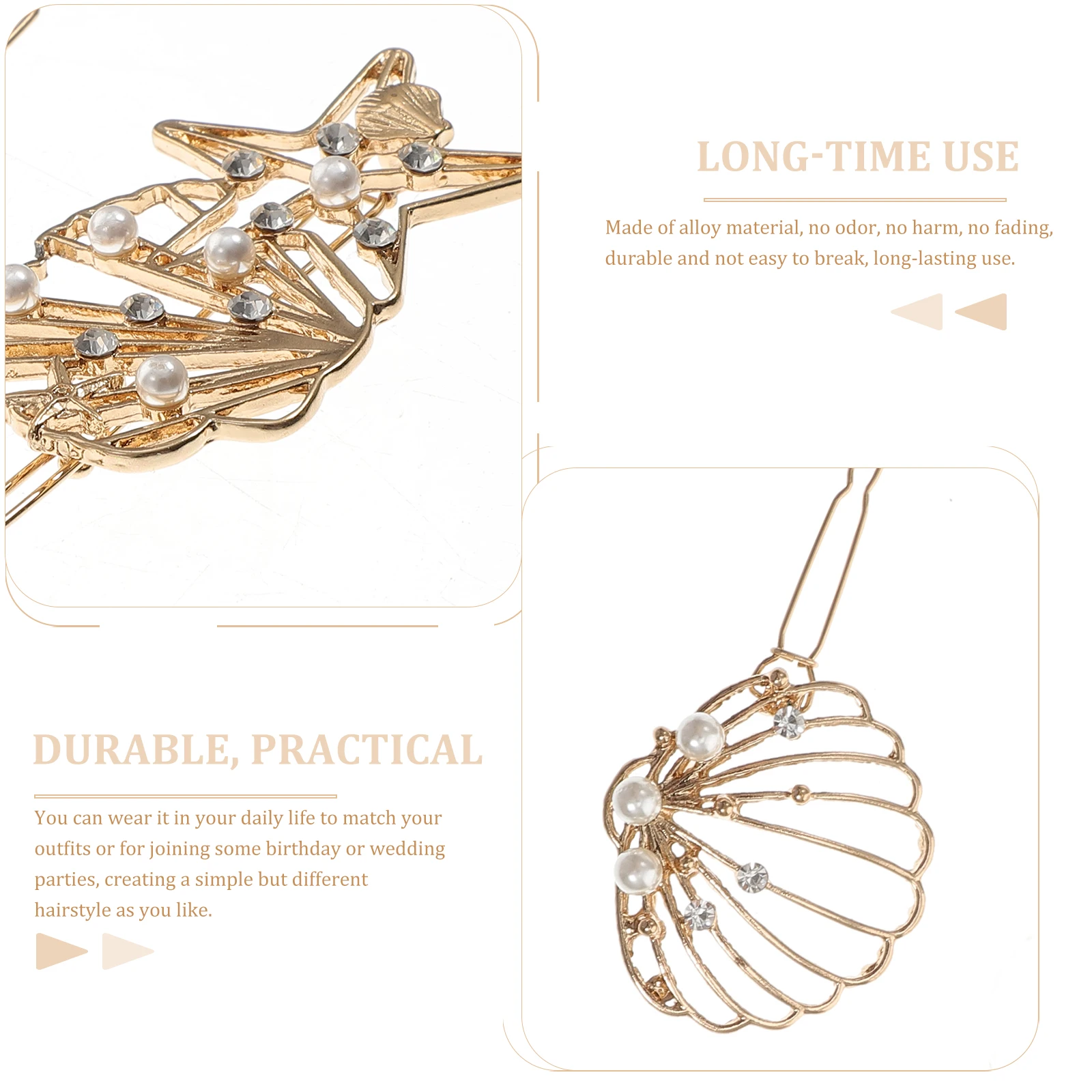 

3pcs Shell Barrettes Hair Pearl Claw Clips Seashell Metal Oval Women Alloy Girls Hollow Hairpin Elegant Stylish Wedding Party