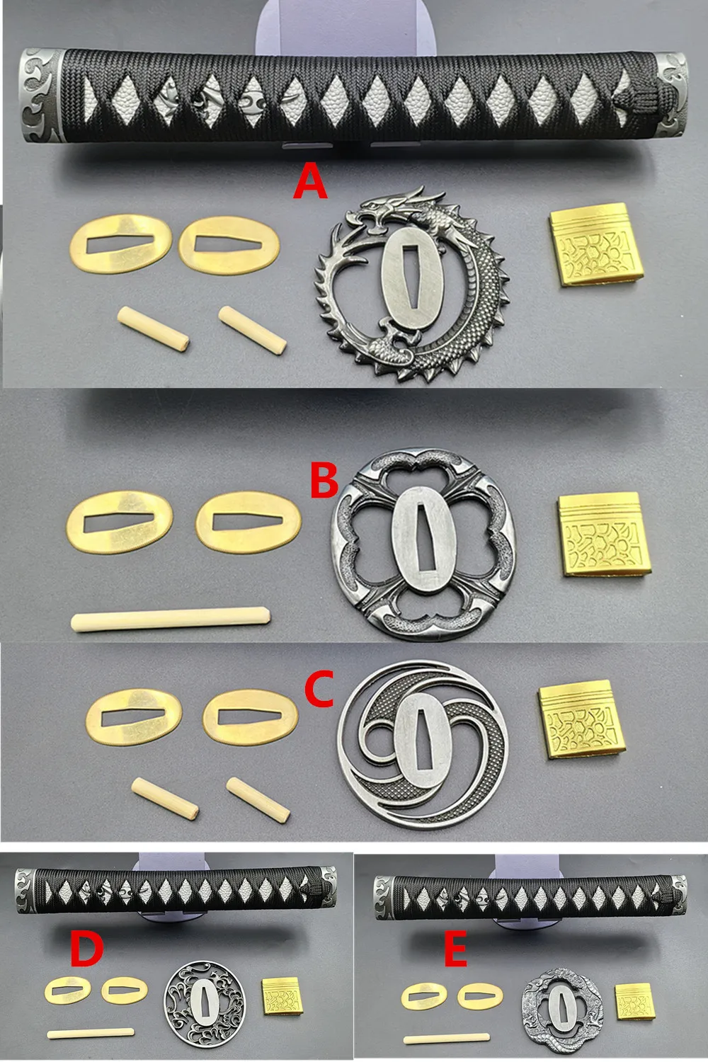 26cm Tsuka Handle Accessory For Japanese Samurai Katana/Sword Set Different Tsuba+Menuki+Fuchi+Kashira+Habaki+Seppa Fittings