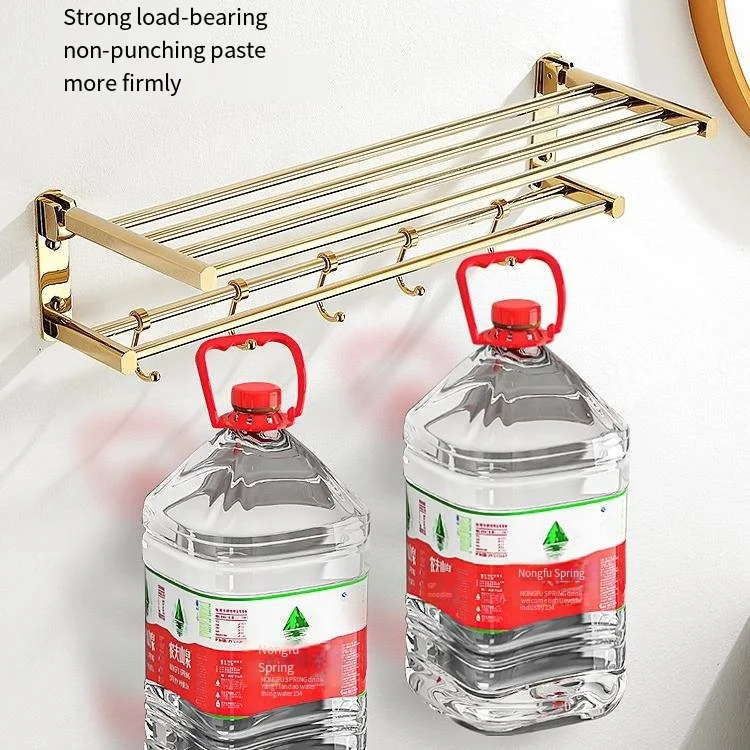 Europe Pure Copper Wire-drawing Gold Pvd 8 Pieces Punch-free Brush Brass Folding Toilet Storage Rack Hardware Accessories Set