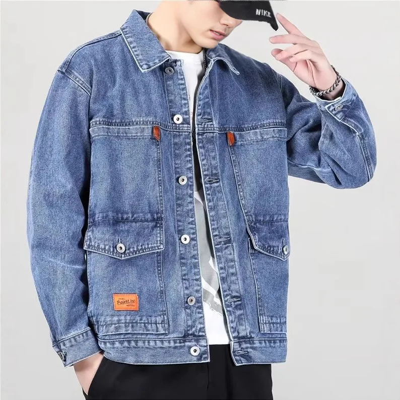 Japanese Retro Men's Multi-pocket Denim Jacket Large Size Loose And Versatile Spring And Autumn Wear-resistant Jacket