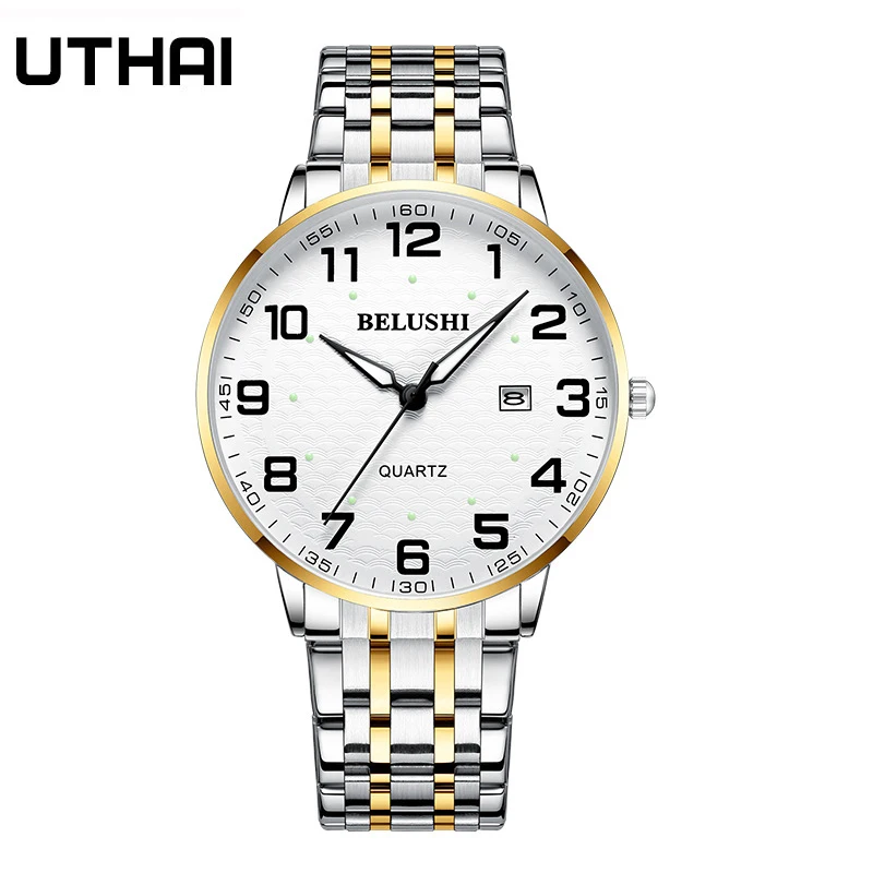 UTHAI Elderly Watches Waterproof Big Number Big Dial Light luxury Gold Steel Couple Watch Men Fashion Quartz Wristwatches Clock