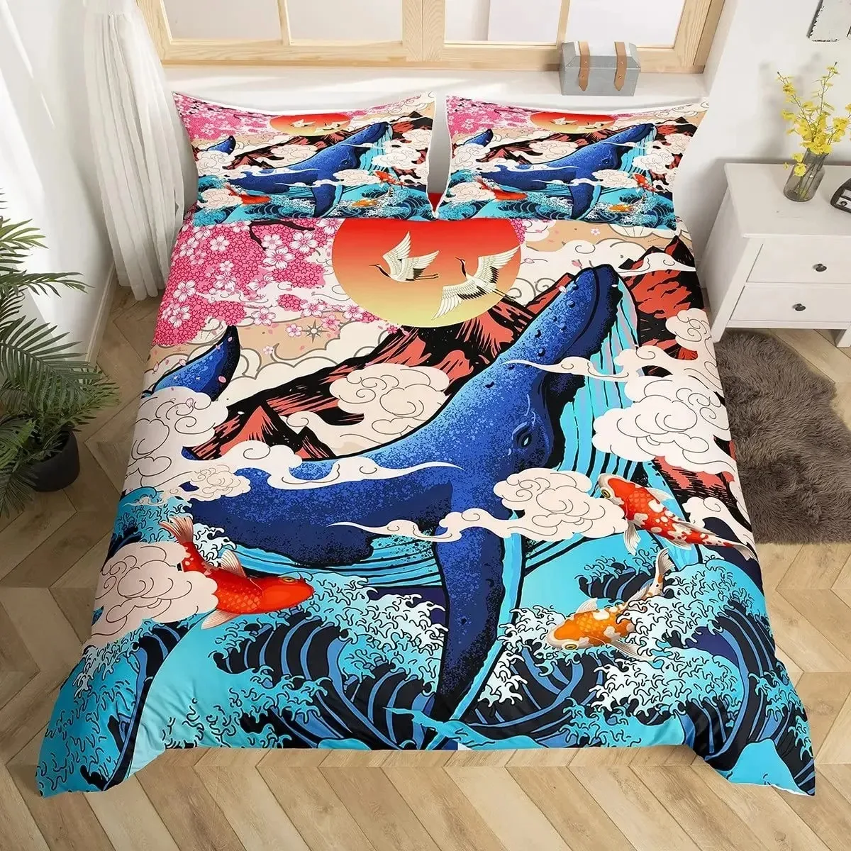 

Whale Koi Duvet Cover Set Full Queen Size,Sunset Great Sea Wave Bedding Set,Animal Ocean Landscape Japanese Art Comforter Cover