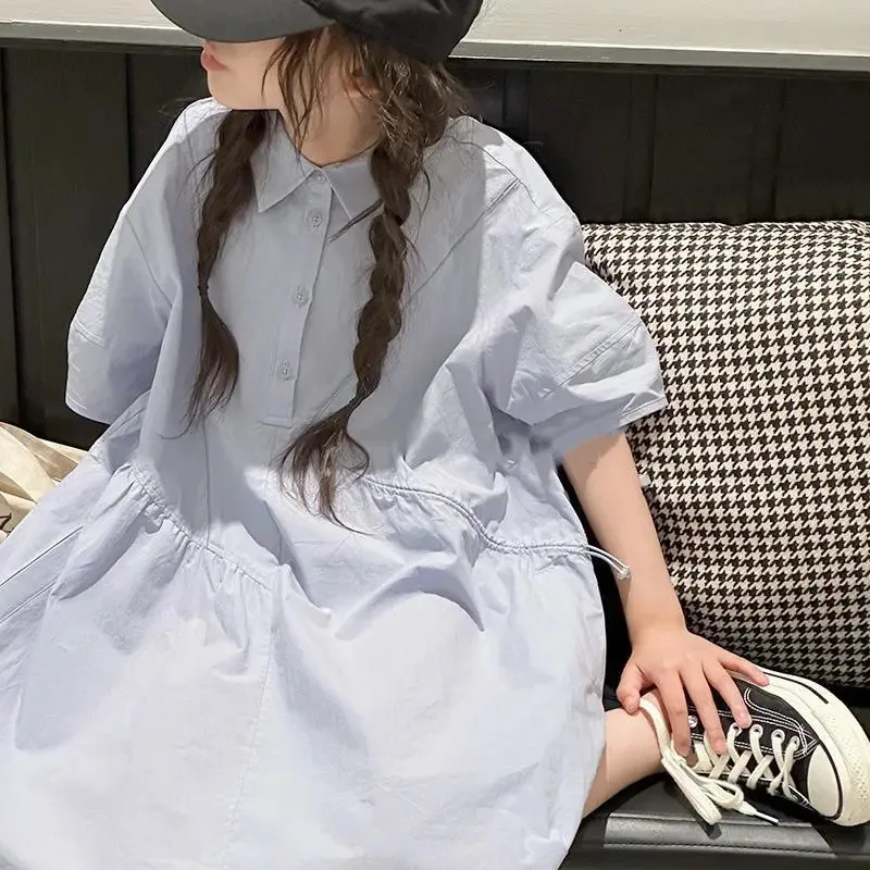 2024  Summer New Girl's Academy Style Causal Dress Children's Solid Color Turn-down Collar Shirt Dress