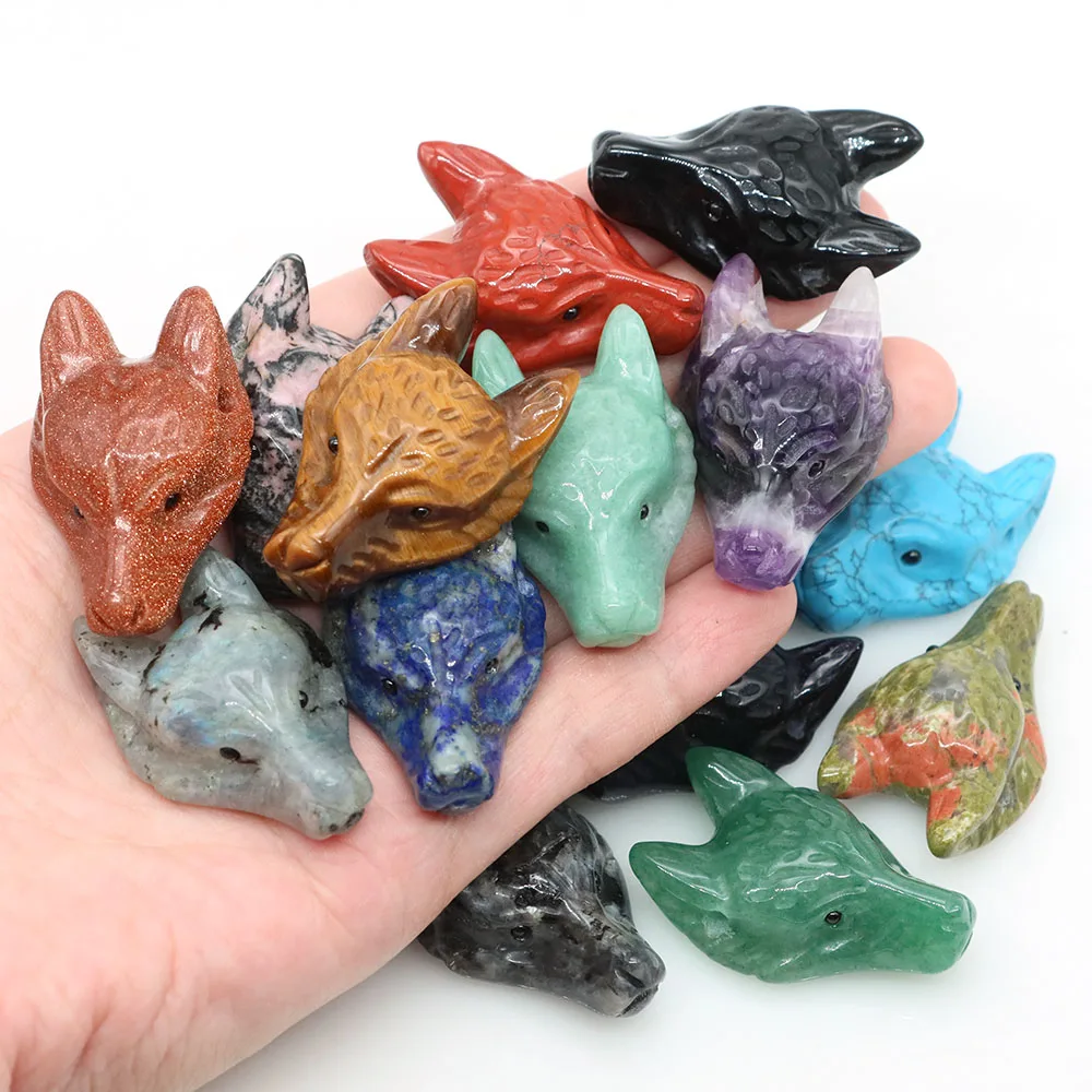 

1.5" Wolf Head Stone Pendant Natural Healing Crystals Hand Carved Wolves Animal Statue Figurine Gems for Jewelry Making Necklace