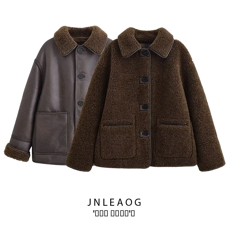 

Faionable Flipped Collar Leather And Fur Inteated Jaet Women's Autumn New Sle JNLEAOG All-Match Design Sense Outerwear