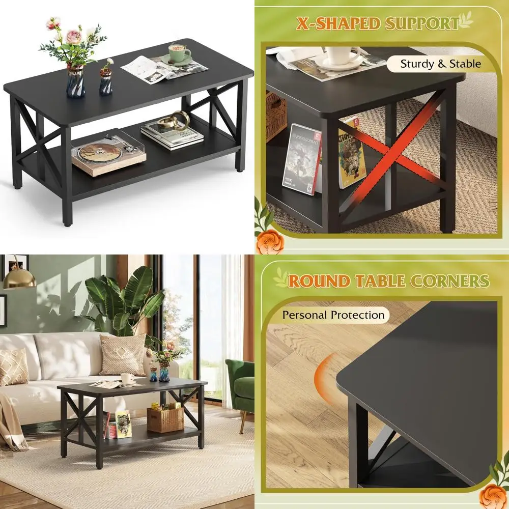 

Modern 2-Tier Farmhouse Style Coffee Table with Storage Shelf for Living Room, Small Round Corners, 39 Center Table