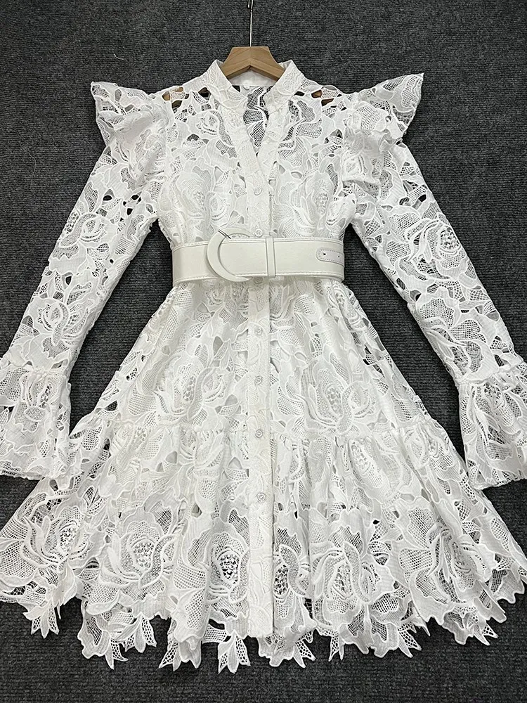 TWOTWINSTYLE Hollow Out Dresses For Women V Neck Flare Sleeve High Waist Patchwork Belt Mini Lace Dress Female Fashion Clothing