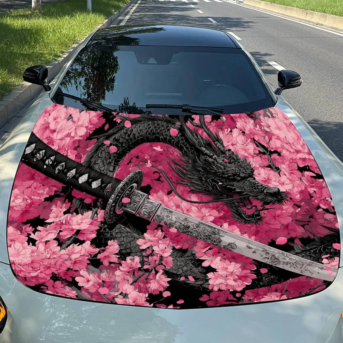 

Sakura, Black Dragon & Katana Car Vinyl Wrap, PVC Waterproof Car Hood Sticker, Self-Adhesive Scratch-Resistant Stickers for Engi