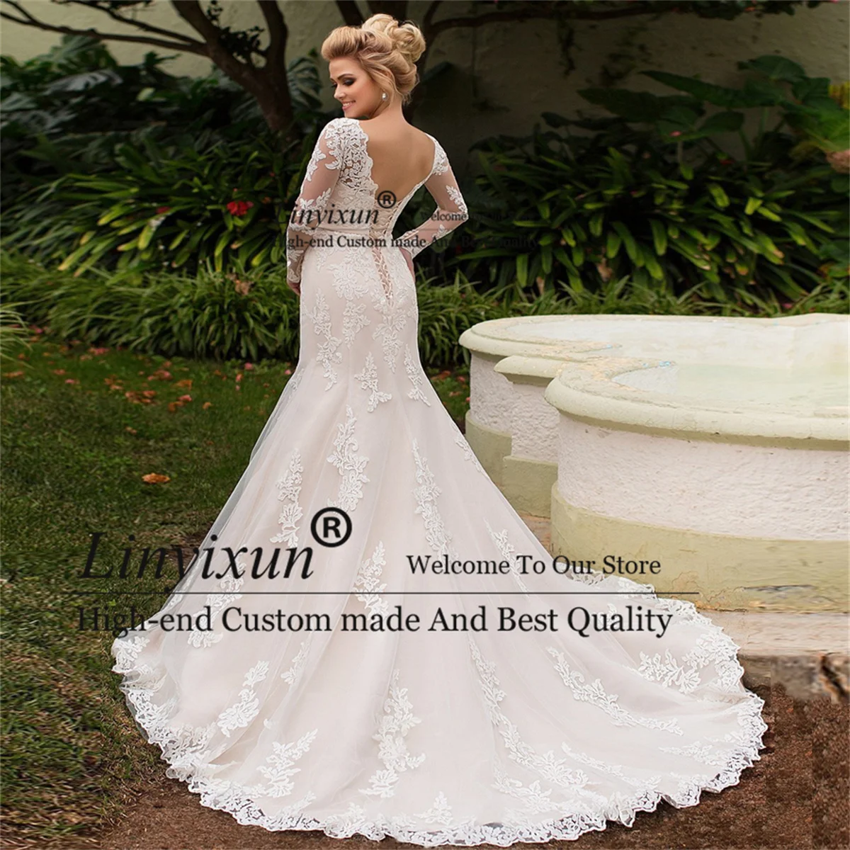 Elegant Long Sleeves Lace Mermaid Wedding Dresses With Sashs Scoop Neck Lace Up Tulle Bridal Gowns Sweep Train Vestidos De Novia