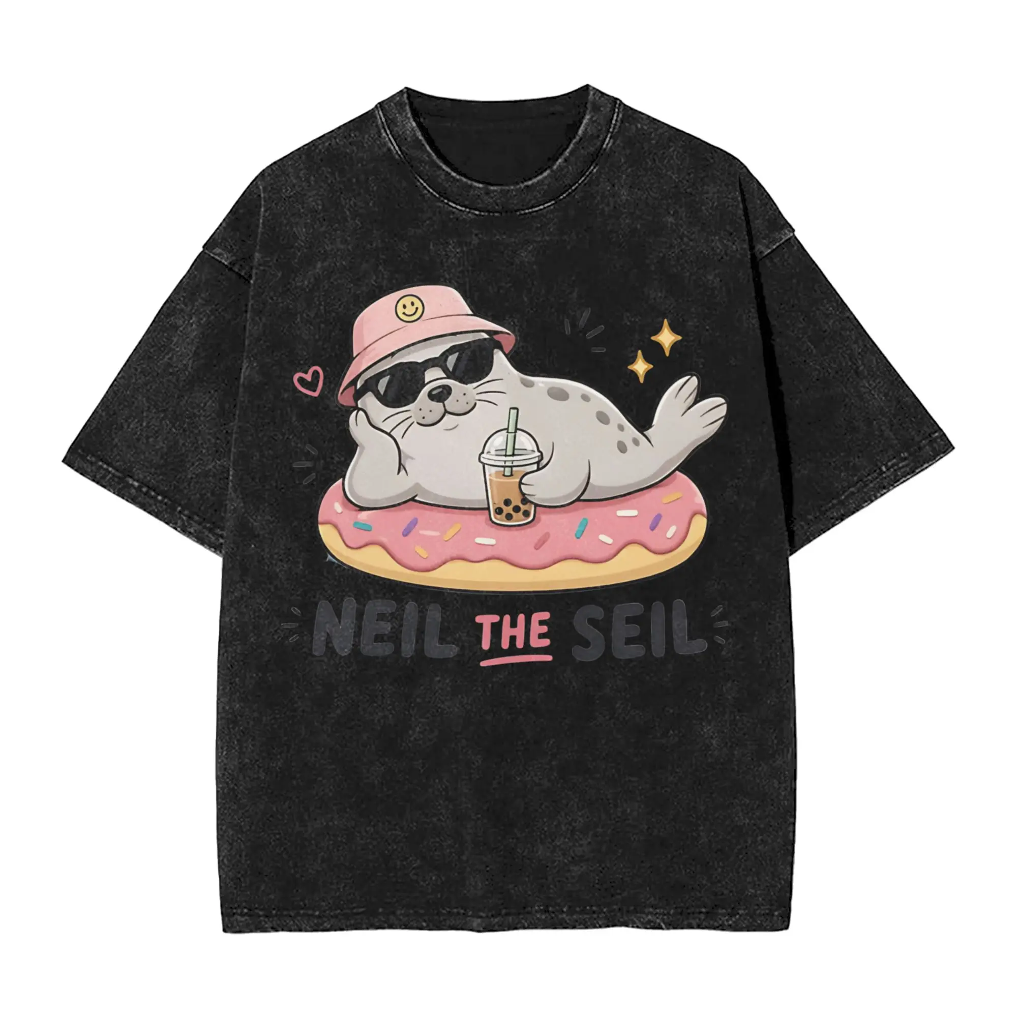 Neil The Seil Donut Float and Bubble Tea Seal T Shirts Washed Cotton Street T-Shirt  Vintage Tops Streetwear Summer Tops Tees