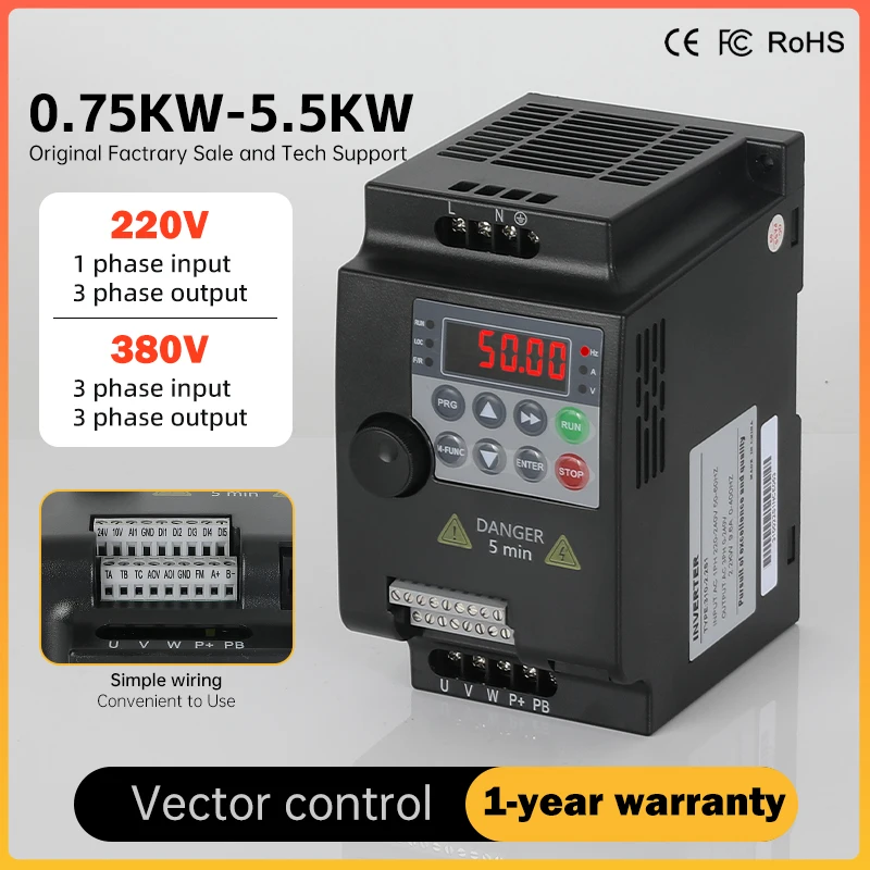 0.75-5.5KW VFD AC 220V 380V Variable Frequency Drive Frequency Converter Inverter for 3 Phase Motor Speed Controller