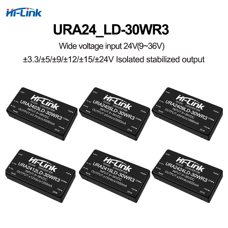 Hi-Link 30W ± 3,3V/5V/9V/12V/15V/24V Saída dupla 9-36Vdc URA2415LD-30WR3 URB2405LD-30WR3 URB2412LD-30WR3 Módulo de fonte de alimentação DC