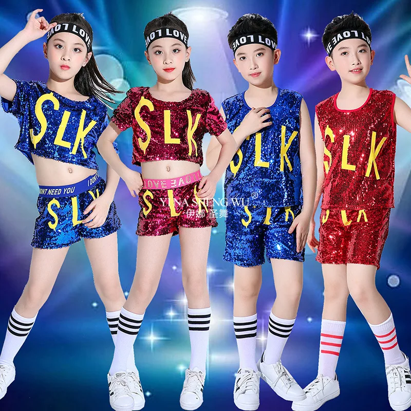 Mode Jazz Kostüm Kinder Bühne Dance Tragen Blau/Rot Pailletten Anzug Jungen und Mädchen Hip Hop Street Dance Performance kleidung