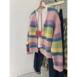 Fashion Striped V-neck Sweater Women Autumn Knitting Cardigan Coat Casual Long Sleeve Multicolor All-match Trend Knitwear Tops