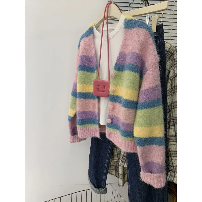 Fashion Striped V-neck Sweater Women Autumn Knitting Cardigan Coat Casual Long Sleeve Multicolor All-match Trend Knitwear Tops