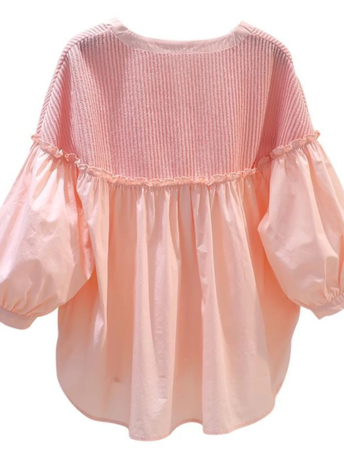 เสื้อผู้หญิงดีไซน์เกาหลีแบบสปิลส์เก๋ไก๋ รุ่นใหม่สำหรับฤดูร้อนปี 2025 ทรงหลวม แขนพอง ผ้าเนื้อนุ่ม ยืดหยุ่น คอทรงกลม