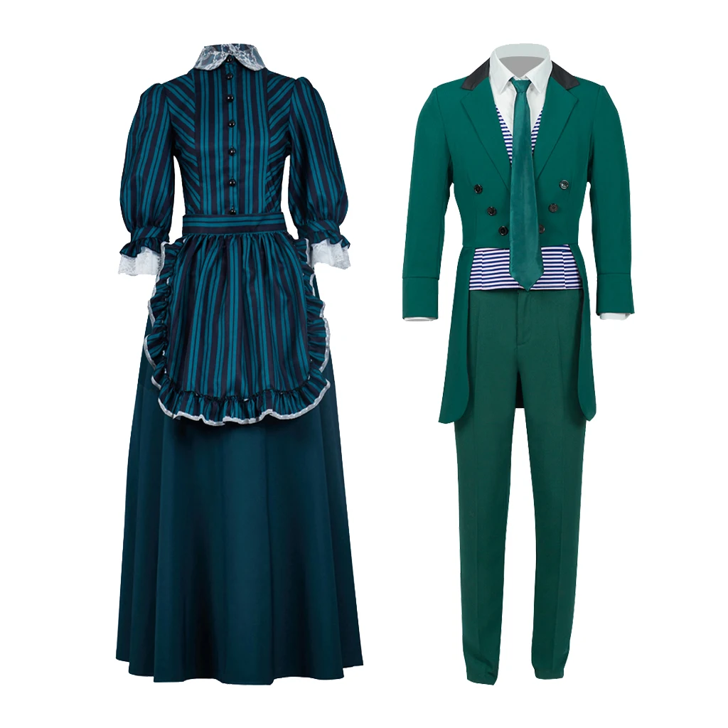 Haunted Cosplay Mansion Women Maid Apron Dress Butler Castmember Costume Men's Striped Regency Green Suit Halloween Horror Ghost