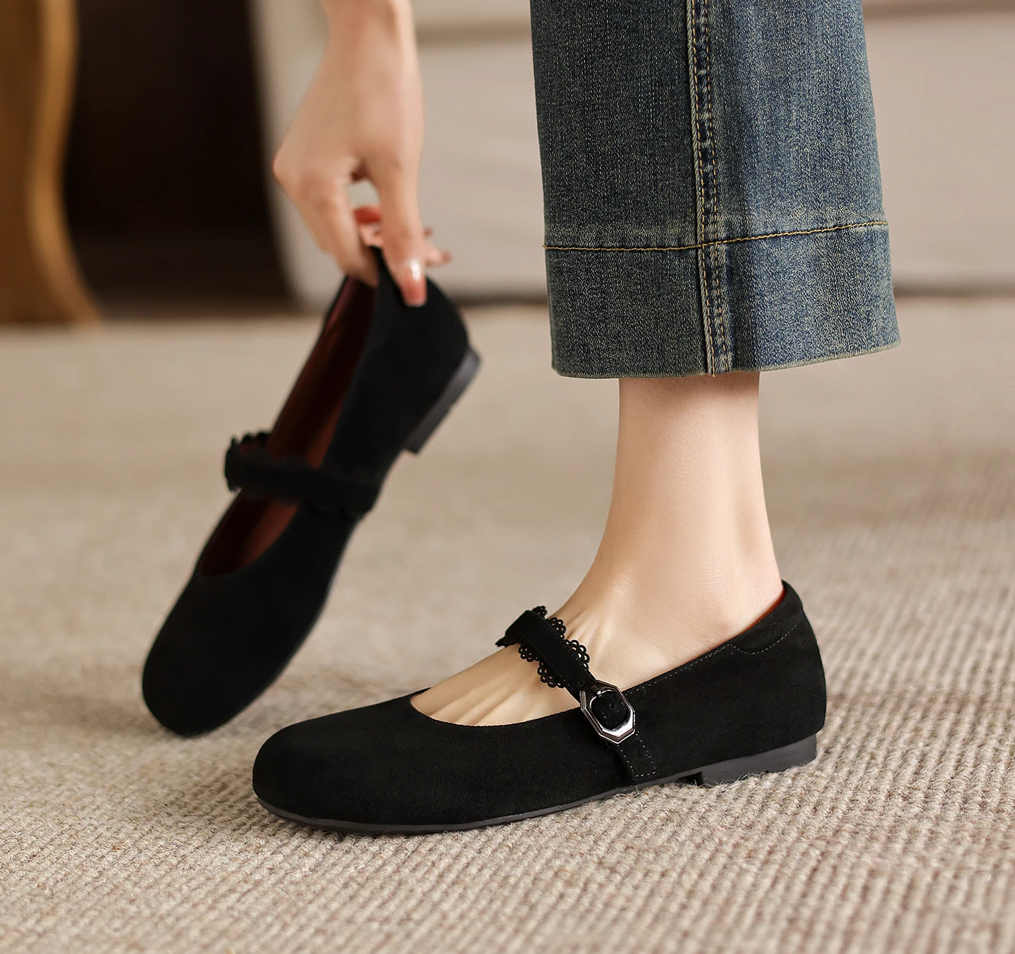 2026 new spring autumn women pumps natural leather plus size 22-26cm kid suede+pigskin square toe buckle mary janes women shoes