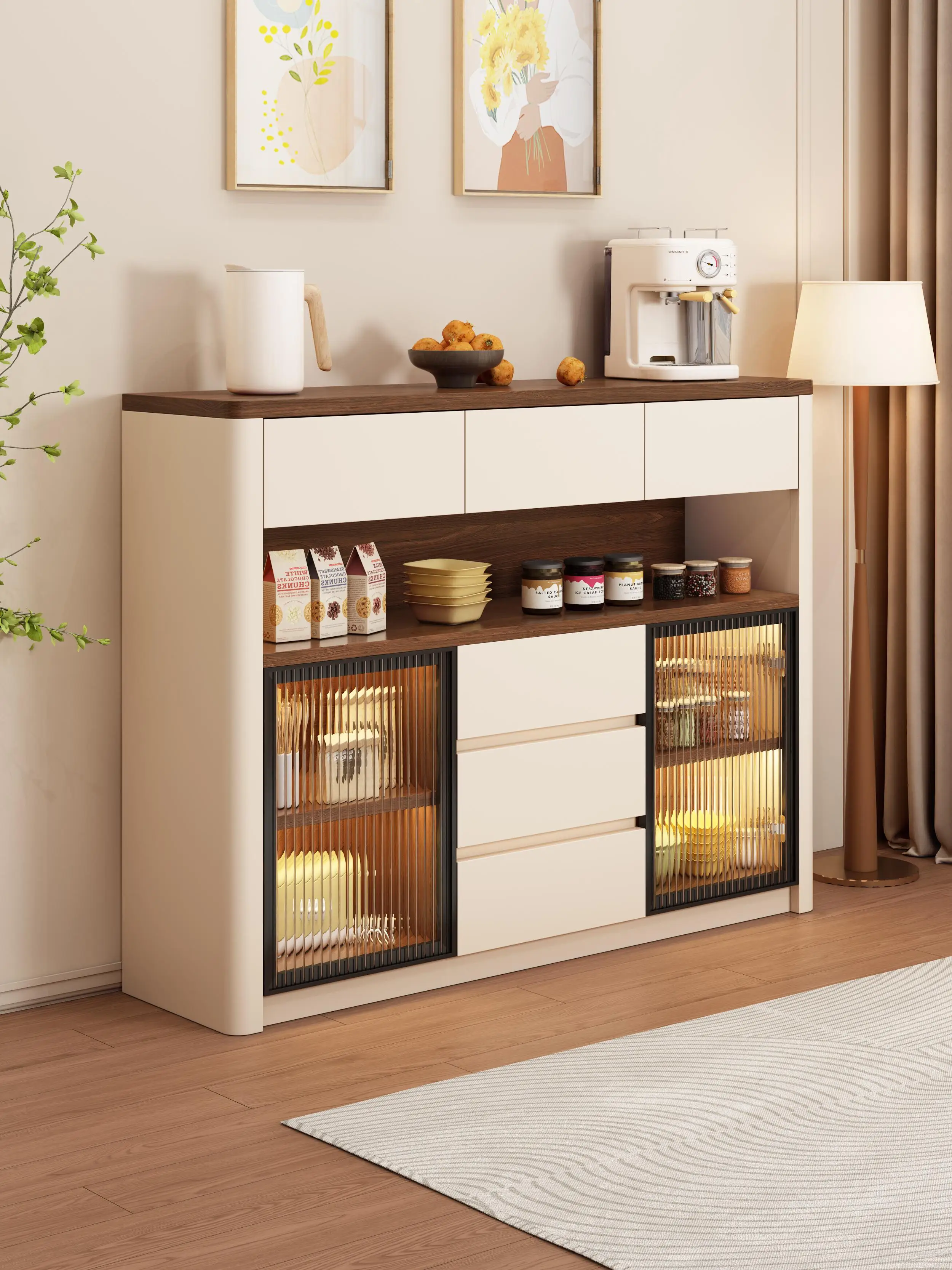

Medieval style kitchen dining side cabinet integrated against the wall living room multi-functional kitchen locker side cabinet